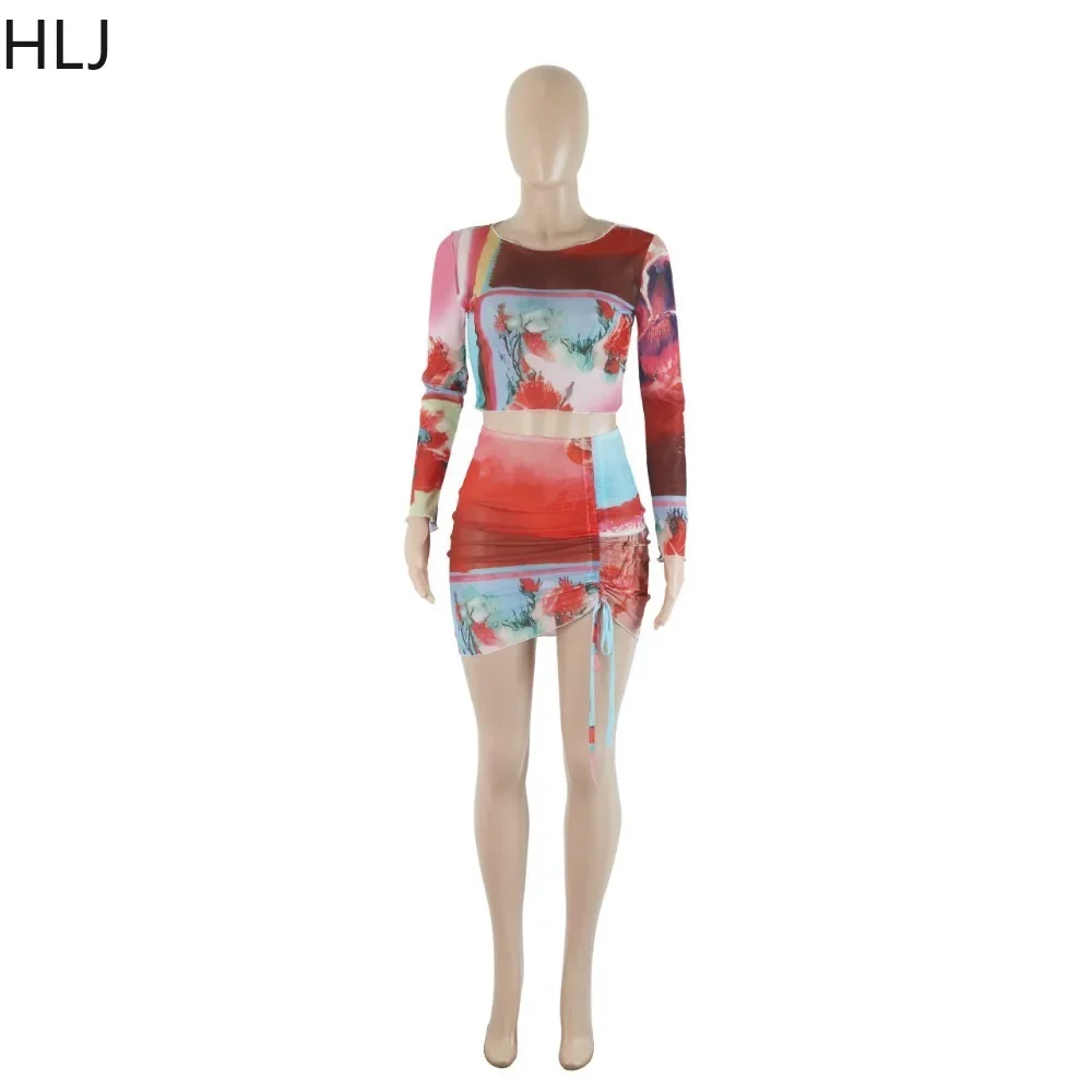 HLJ Sexy Mesh Perspective Printing Two Piece Sets Women Round Neck Long Sleeve Crop Top And Drawstring Mini Skirts Outfits 2023
