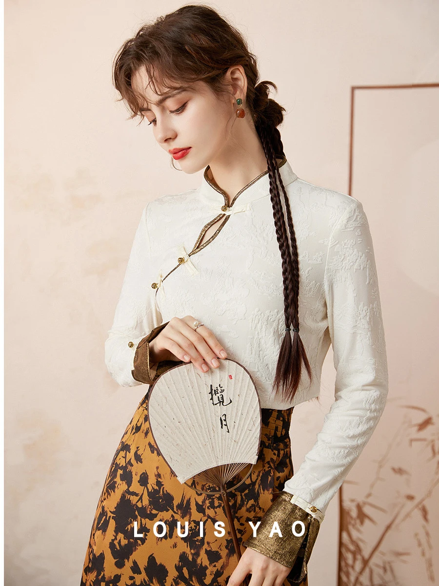 

LOUIS YAO Chinese Style Women Shirt 2024 Spring Stand Collar Long Sleeve Jacquard Elegant Blouse Top