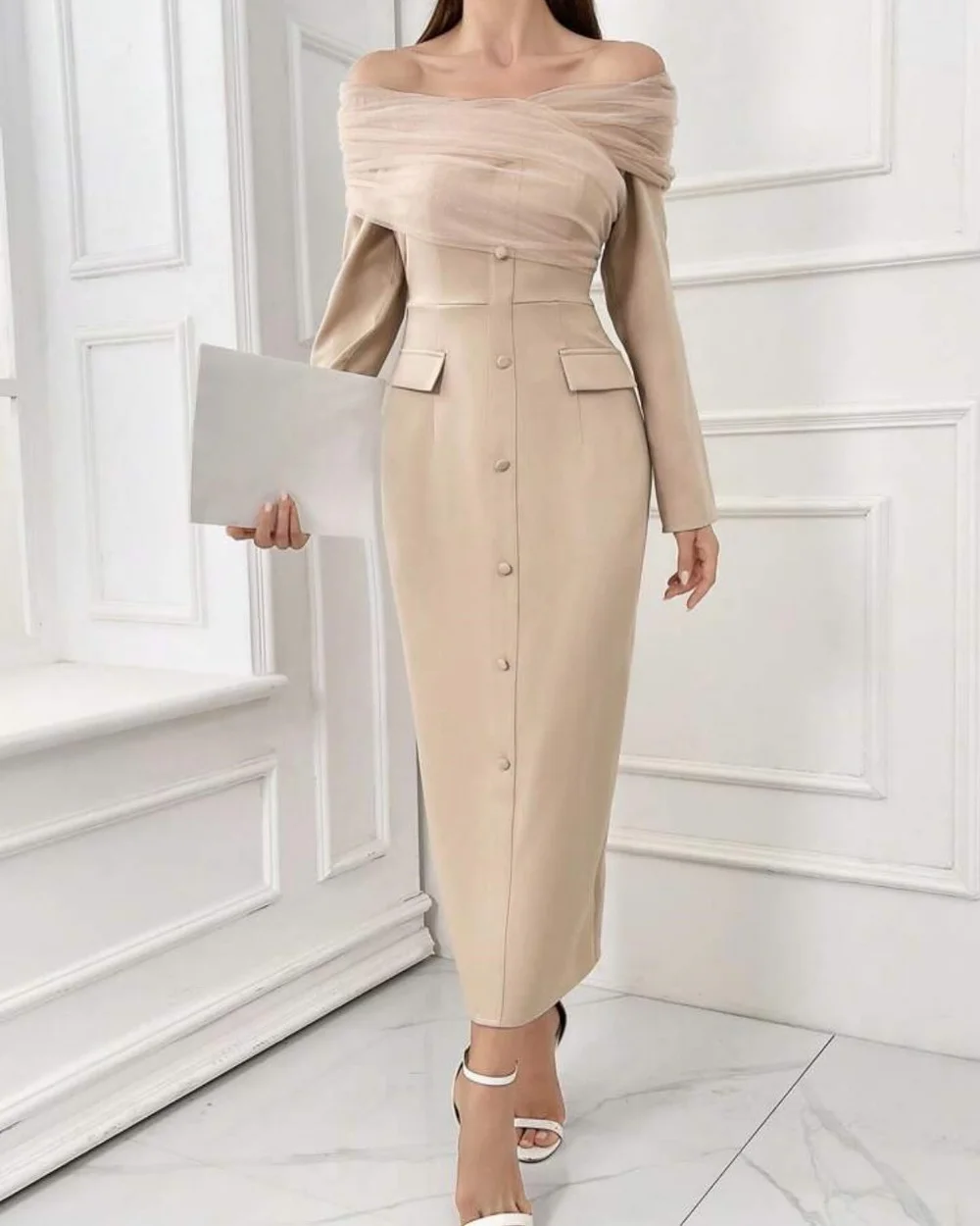 Modern Style Jersey Pocket Button Sheath Off-the-shoulder Midi Dresses Homecoming Dresses Pastrol Unisex Chinese Style