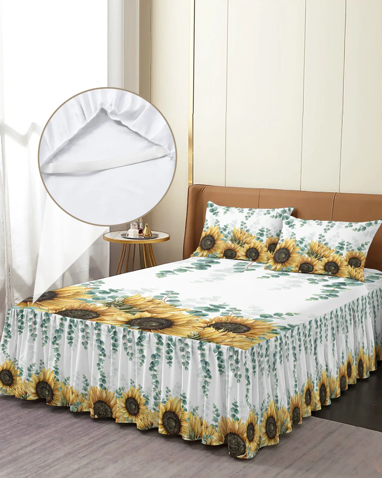 

Eucalyptus Leaves Sunflower Flower Bed Skirt Elastic Fitted Bedspread With Pillowcases Mattress Cover Bedding Set Bed Sheet