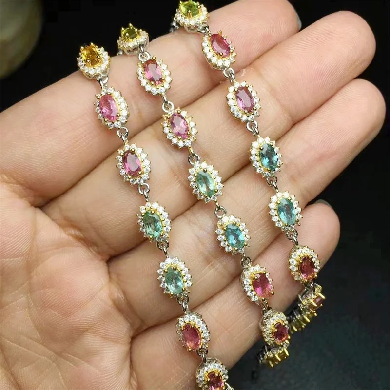 

S925 Natural Colored Tourmaline Facet Bracelet Fashion Personalized Men Women Gemstone Jewelry Lovers Gift 1PCS