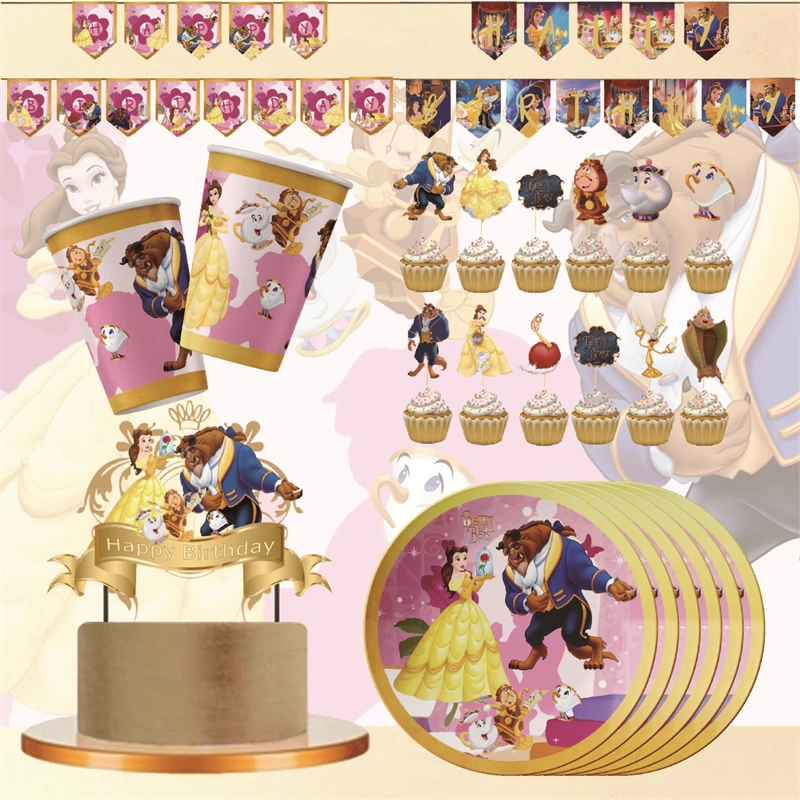 

12pcs Cartoon Anime Beauty and the beast Princess Cake Topper Theme candy bar Cupcake Toppers baby shower kids birthday Party