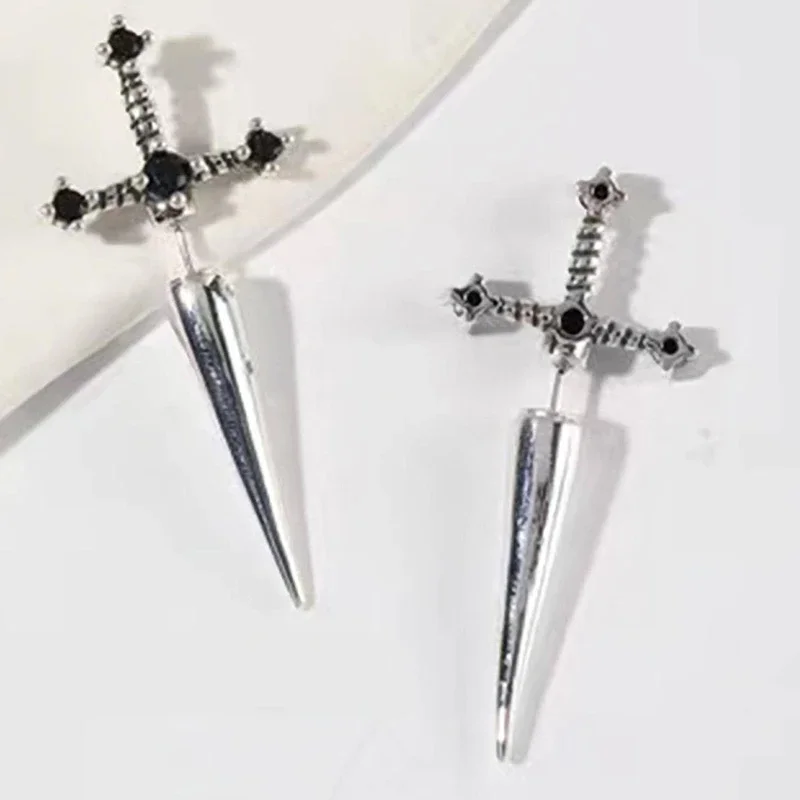 Hip Hop Cross Sword Stud Earrings Women Classic Crystal Stone Silver Ox Gold Color Personality Simple Jewelery