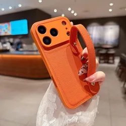 Premium Air Leather Wrist Strap Holder Cover with Stand - iPhone 15 Plus (Orange)