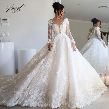 Customized Sexy Sweetheart Long Sleeve Lace Ball Gown Wedding Dresses Luxury Flowers Chapel Train Vintage Bridal Gown 1