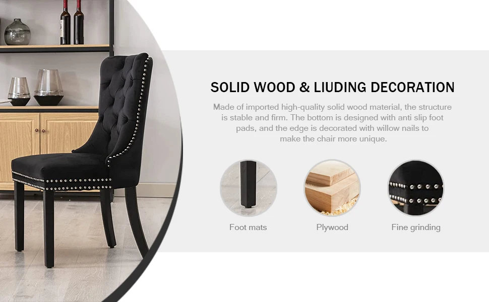 Description Picture 6 of itemVelvet Dining Chairs Set of 6, Tufted Chairs with Nailhead Ring Pull Trim, Upholstered Dining Chairs with Solid Wood Legs(Black)