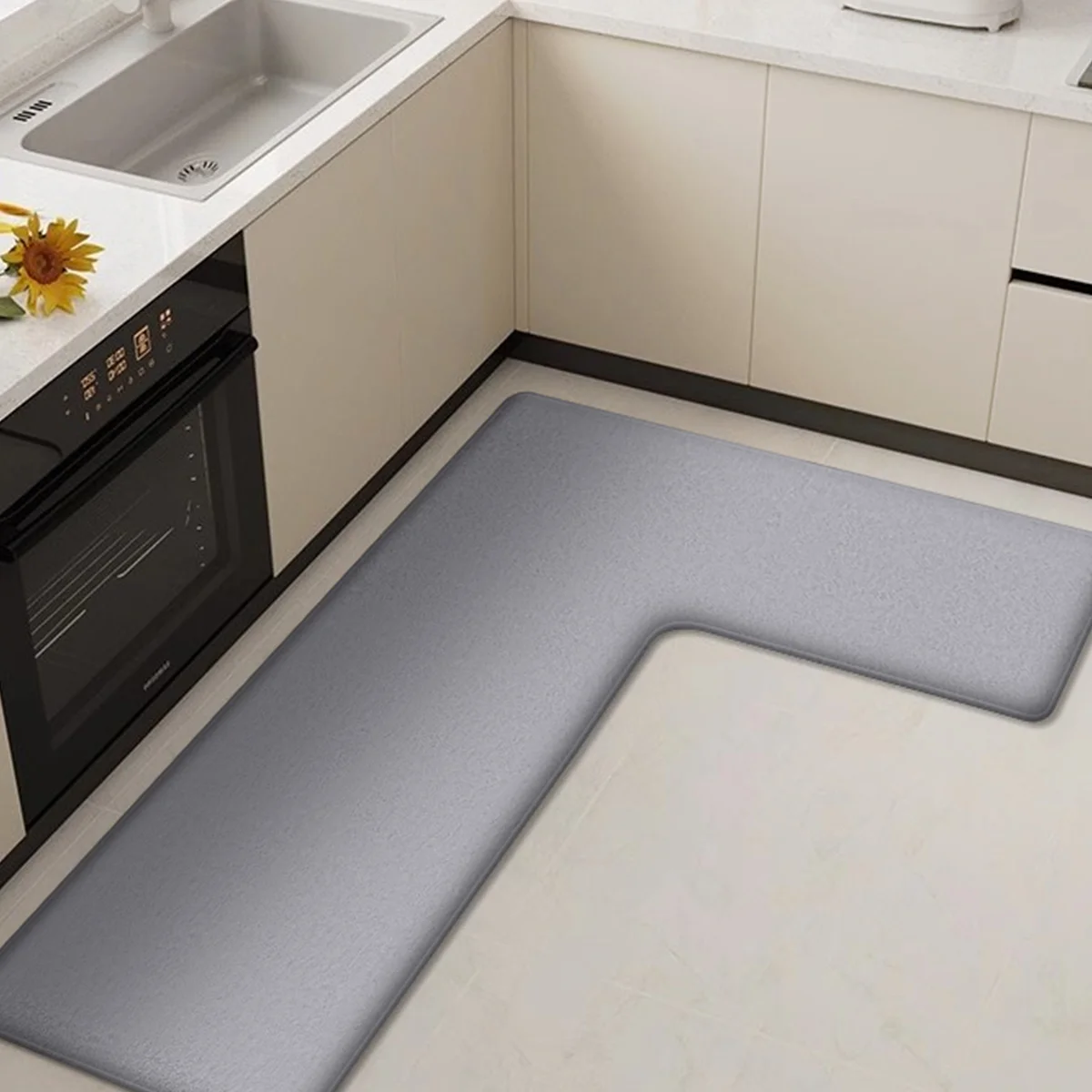 Einfache, verdickte Eckbodenmatte für Zuhause und Küche, L-förmige, rutschfeste, weiche Flanellmatte, saugfähige und schmutzabweisende Matte – Detail 8