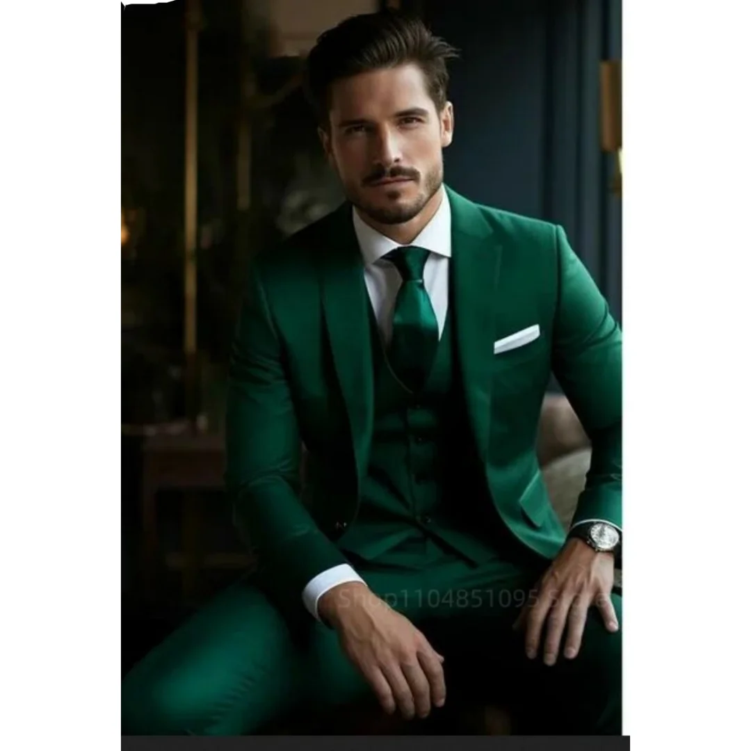 3 Pcs Classic Green Men's Suits Slim Fit Formal Wedding Groom Prom Dress Costume Blazer Vest Pants Sets Homme Terno Masculino