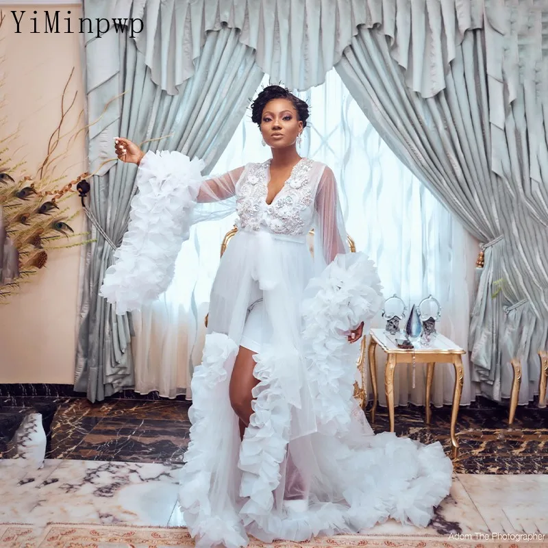 2022 Luxury Wedding Robes For Bride Bridal Shower Dresses V Neck Long  Sleeve Ruched Crystal Beaded Women Vestidos De Novia - Wedding Dresses -  AliExpress