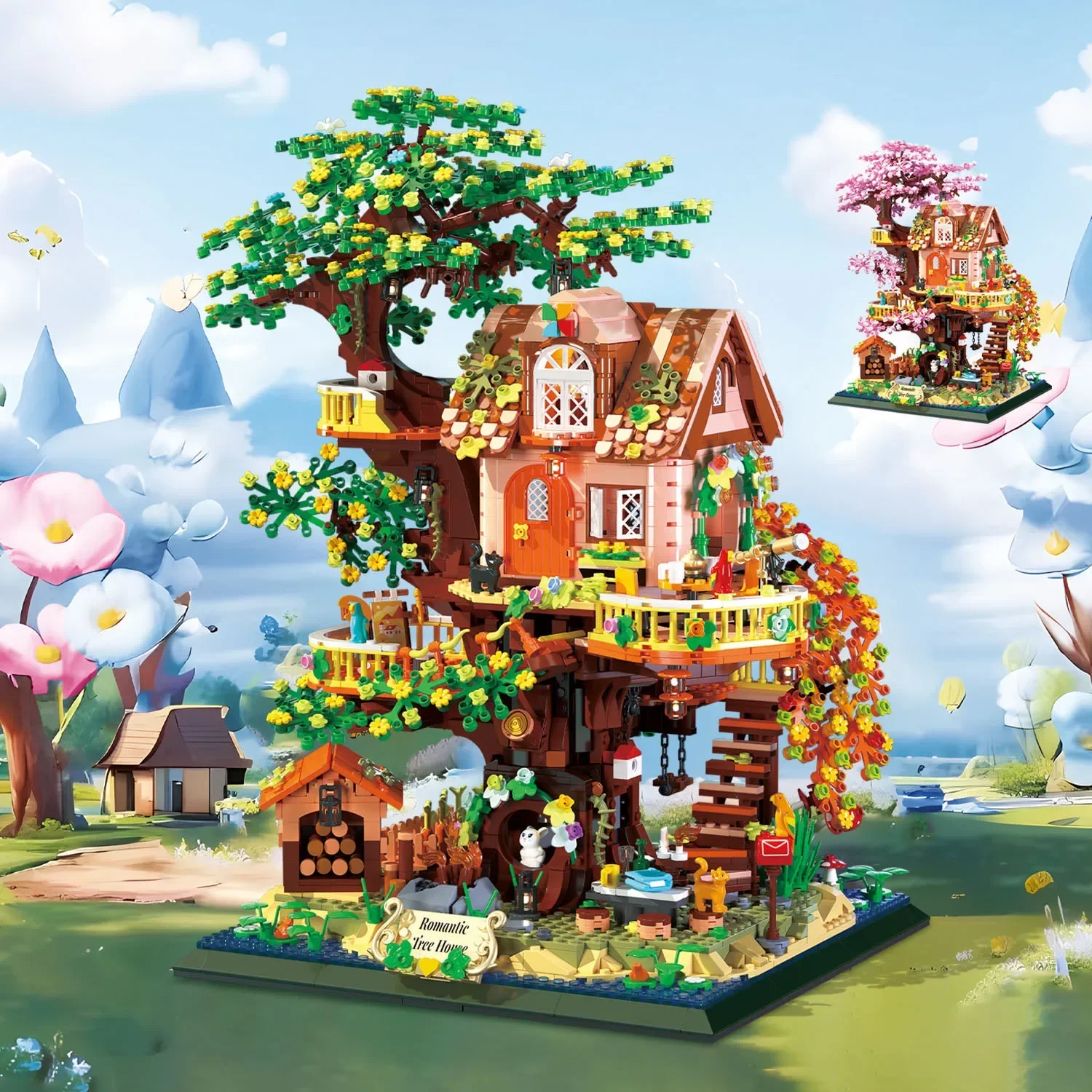 

City 2 in 1 Sakura Tree House Building Blocks Friends Street View Mini Bricks Cherry Flower for Adult Kids Christmas Gifts
