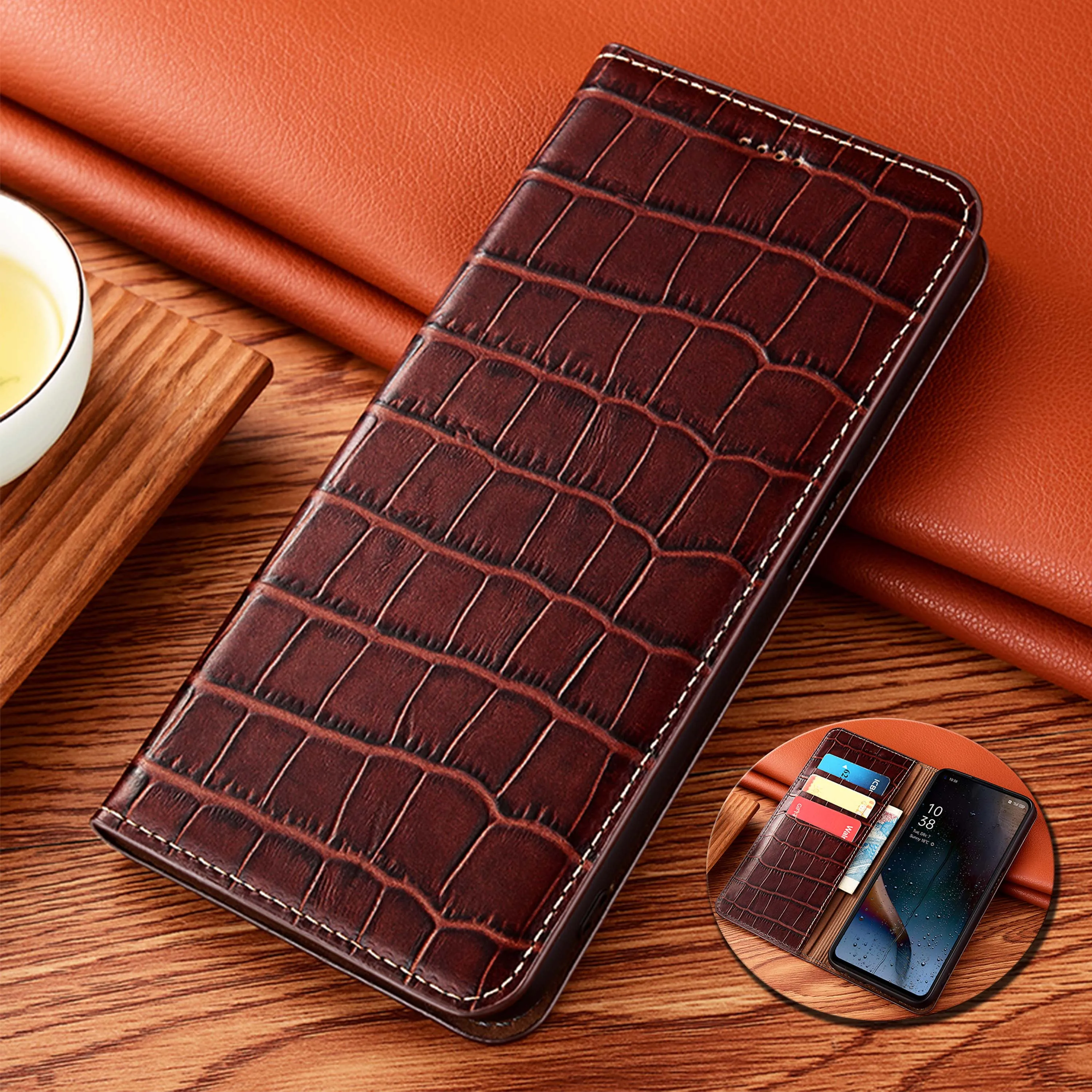 Bamboo Knot Pattern Genuine Leather Flip Phone Case in Cowhide