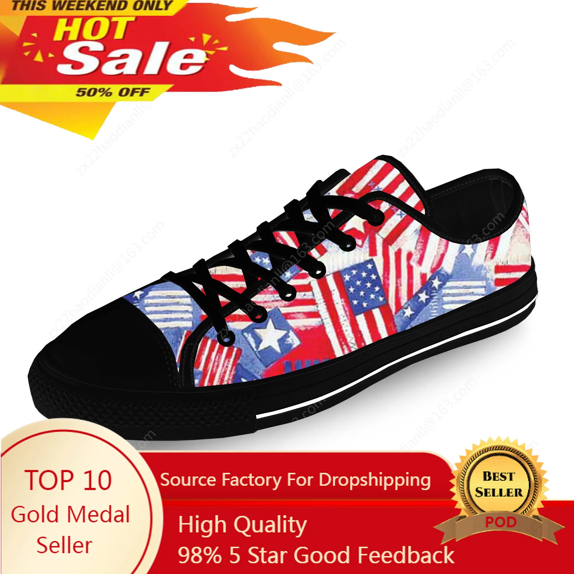 USA American Flag Stars Patriotic Lightweight Cloth 3D Print Fashion Low Top Canvas Shoes Men Women Casual Breathable Sneakers