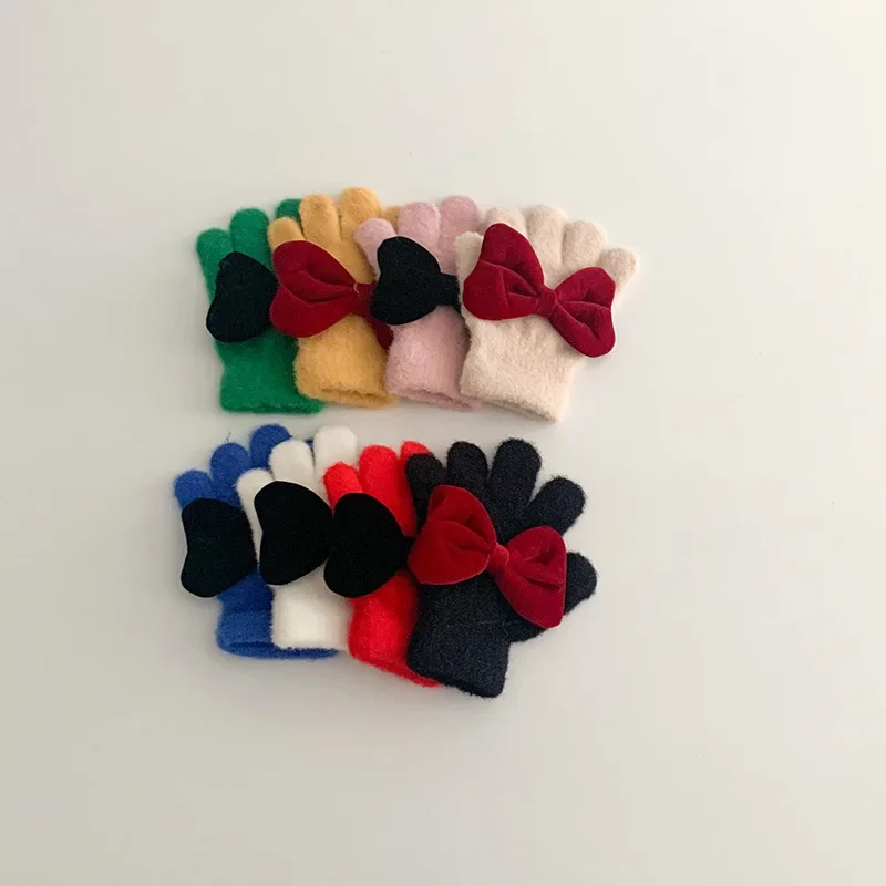 1 Pair Chic Sweet Bow Young Kids Glove Fashion Korean Warm Furry Finger Glove Cute Autumn Winter Outdoor Thicken Plush