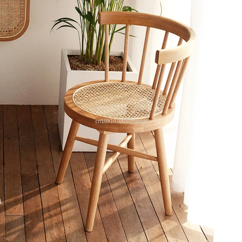 Nordic Japanese Style Solid Wood Wicker Windsor Dining Chair Home Retro Leisure Backrest Chair Solid Wood Wicker Round Chair