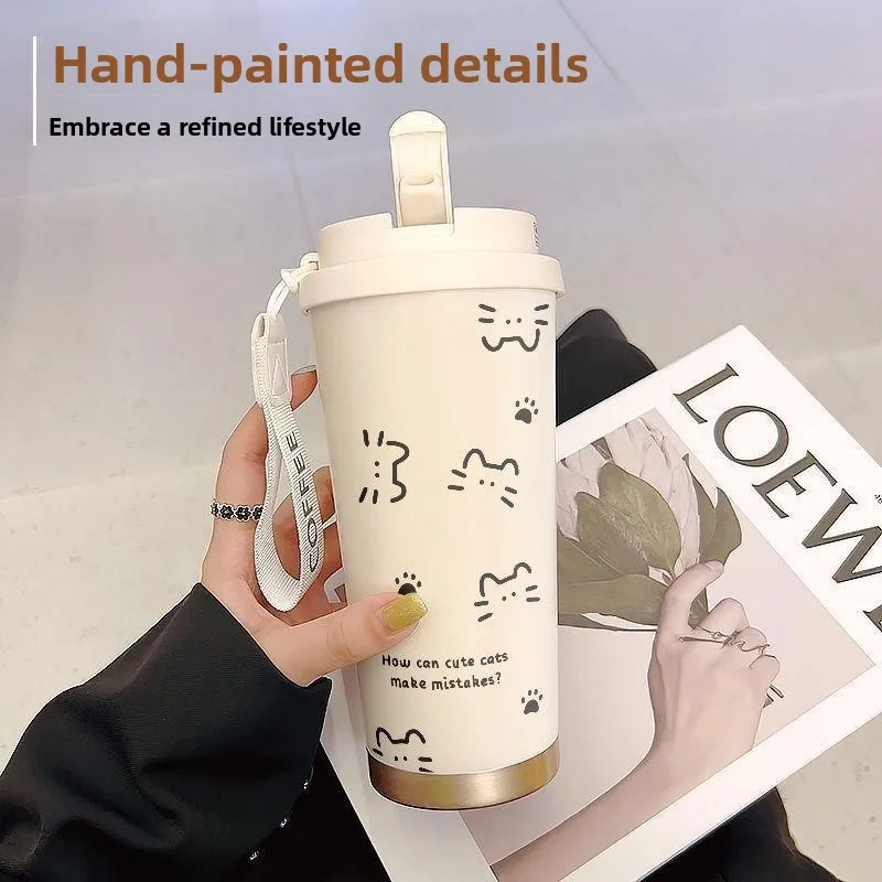 Cute  Design Large Capaci Double-Sided St Thermos Coffee Cup High Aesthetic Value Portable Sports Water Bottle for Women