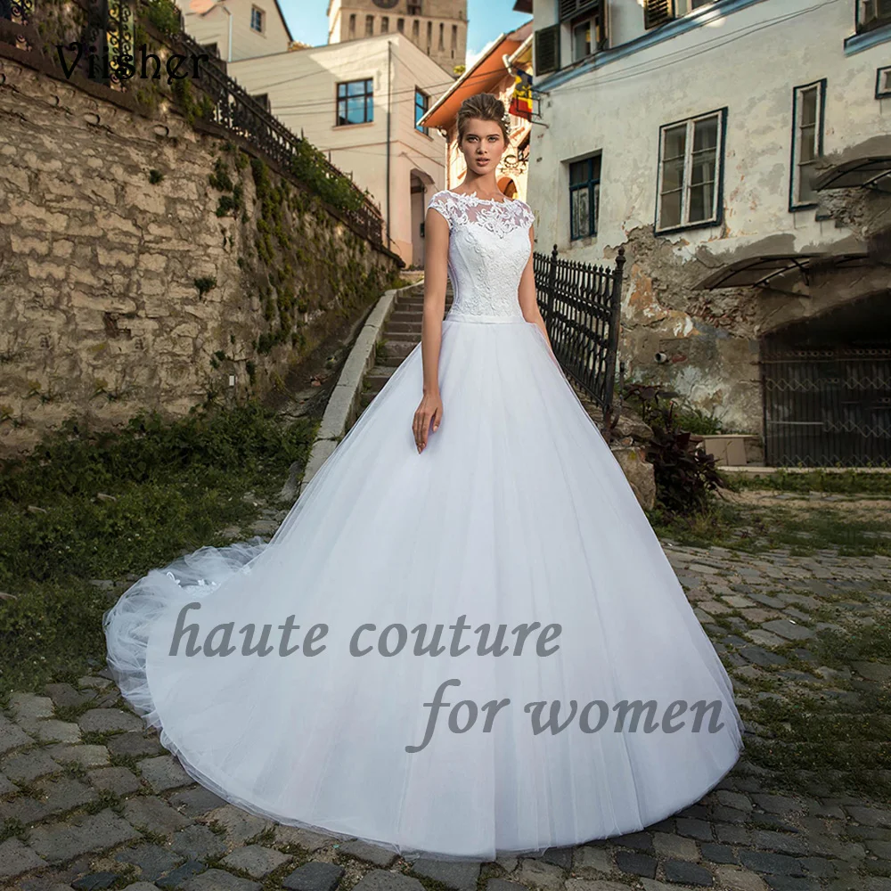 

A Line Wedding Dresses for Bride Cap Sleeve O Neck Princess Bridal Gowns Lace Appliques Tulle Princess Ball Gown Wedding Dress