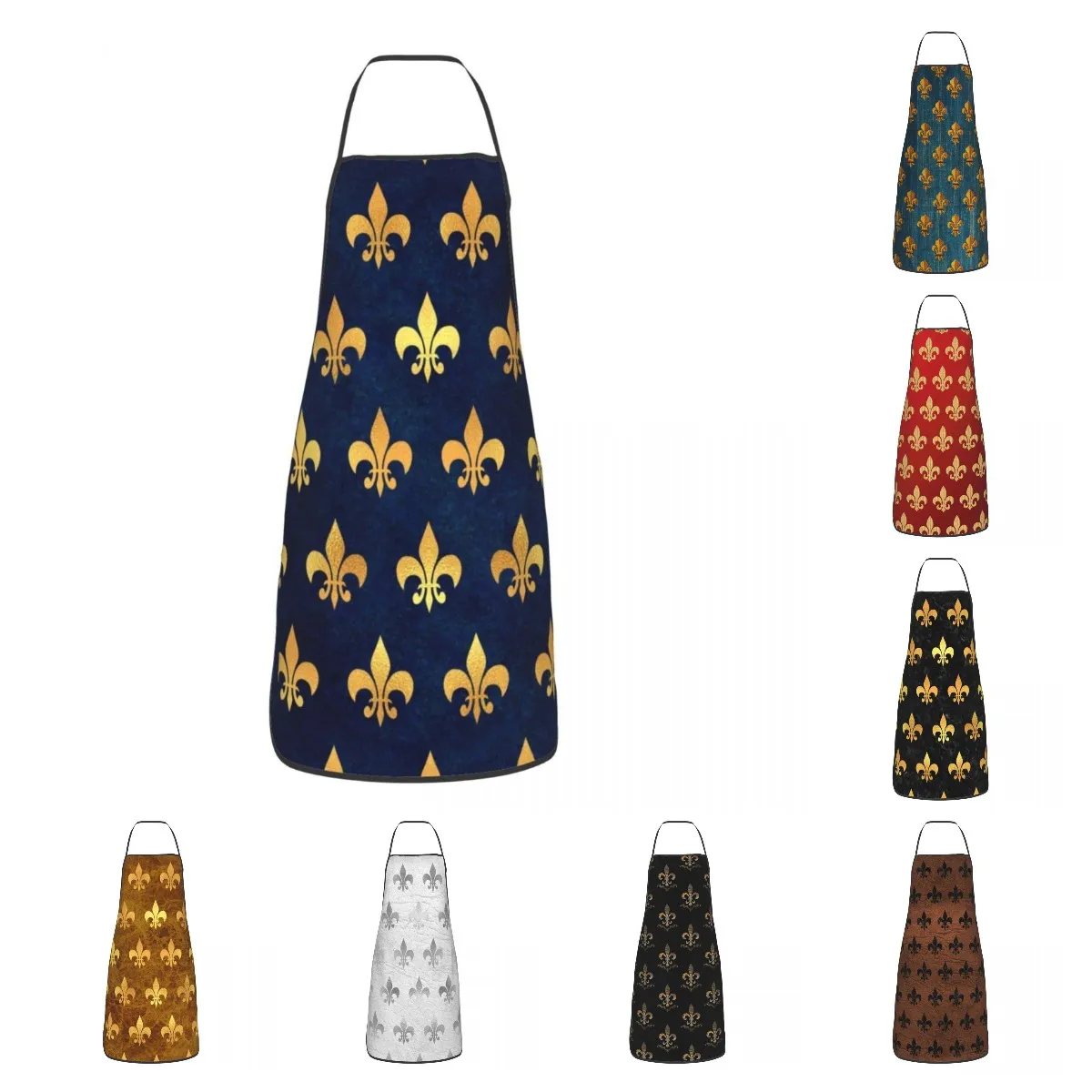 

Royal Gold Blue Grunge Fleur De Lis Apron Women Men Unisex Bib Lily Flower Kitchen Cooking Tablier Cuisine Chef Painting