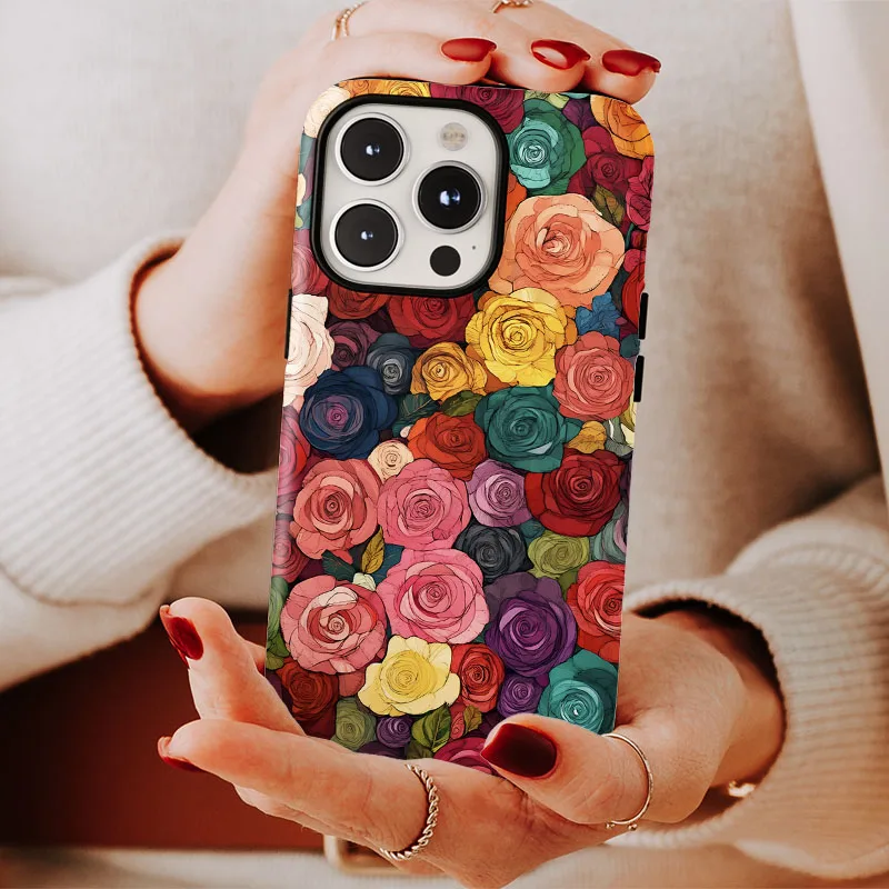 Colorful Flower Shockproof Bumper Phone Case with 2-in-1 Film Shell Design