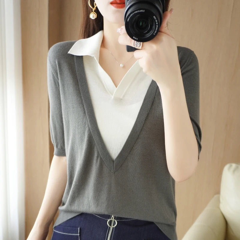 

Early Autumn Knitwear Women's V-neck 2022 New Autumn Clothing Splicing Lapel Fake Two-piece Top Thin Pullover Bottoming Shirt