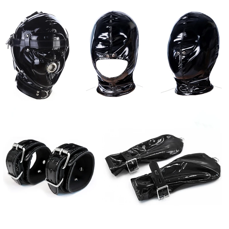 Musta wetlook bondage naamio ja pehmeät käsiraudat_voghion.com