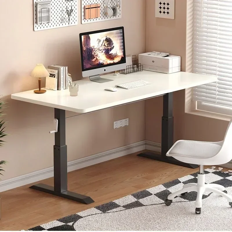 Adjustable Height Hand Lift Study Desk Simple Modern Workbench Long Computer Table for Small Home Office Bedroom Workspace