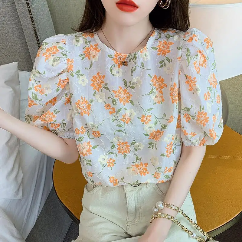 Fashion O-Neck Printed puff sleeve Floral Blouses Female Clothing 2024 Summer Loose All-match Tops sweet short Sleeve Shirts