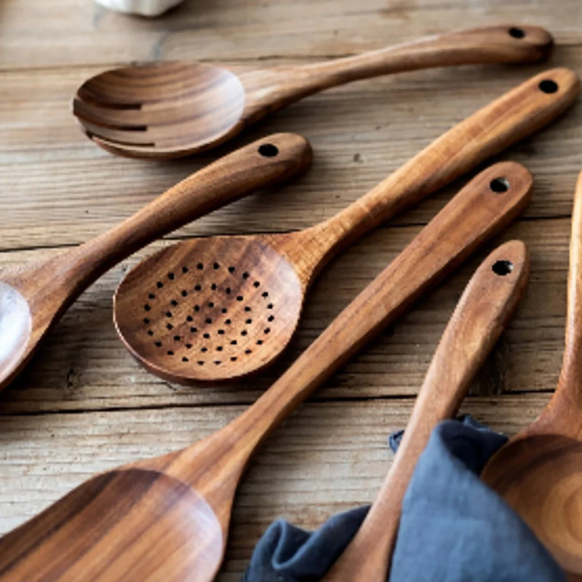 Wood Kitchenware Cooking Household Spatula Spoon Salad Spoon Fork Stirring Kitchen Baking with Storage Bucket