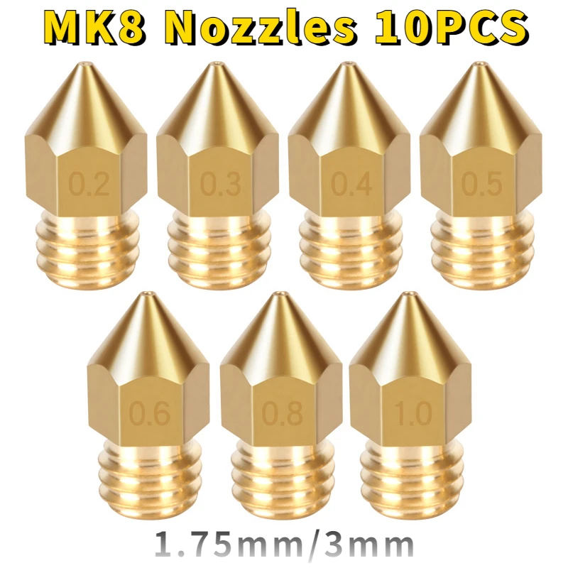 

MK8 Nozzle 0.2mm 0.4mm 0.5mm 0.6mm 0.8mm 1.0mm Extruder M6 Thread Brass 10PCS Nozzle 1.75mm 3mm Filament 3D Printer Part