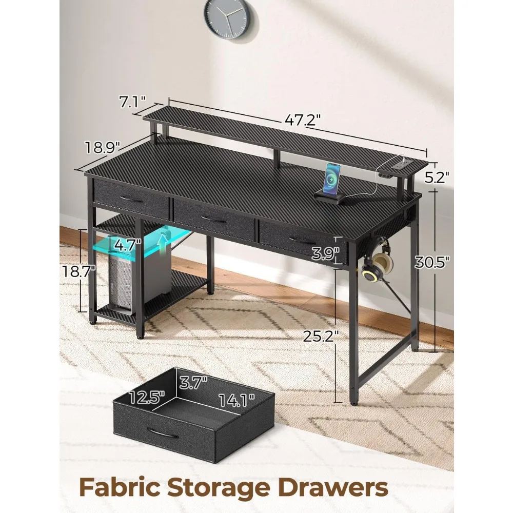 [47 Inch Home Office Desk With 3 Drawers and Storage Shelves Computer Desk With Power Outlets & LED Light Furnitures Room Desks]