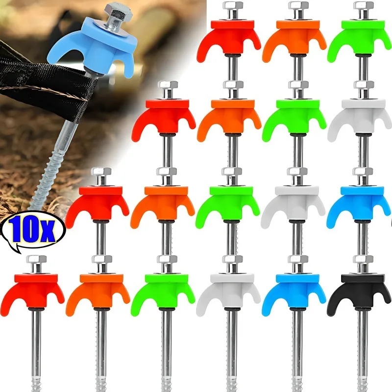 Heavy Duty Metal Spiral Ground Anchors - Set of 10 Camping Tent Stakes with Hex Socket