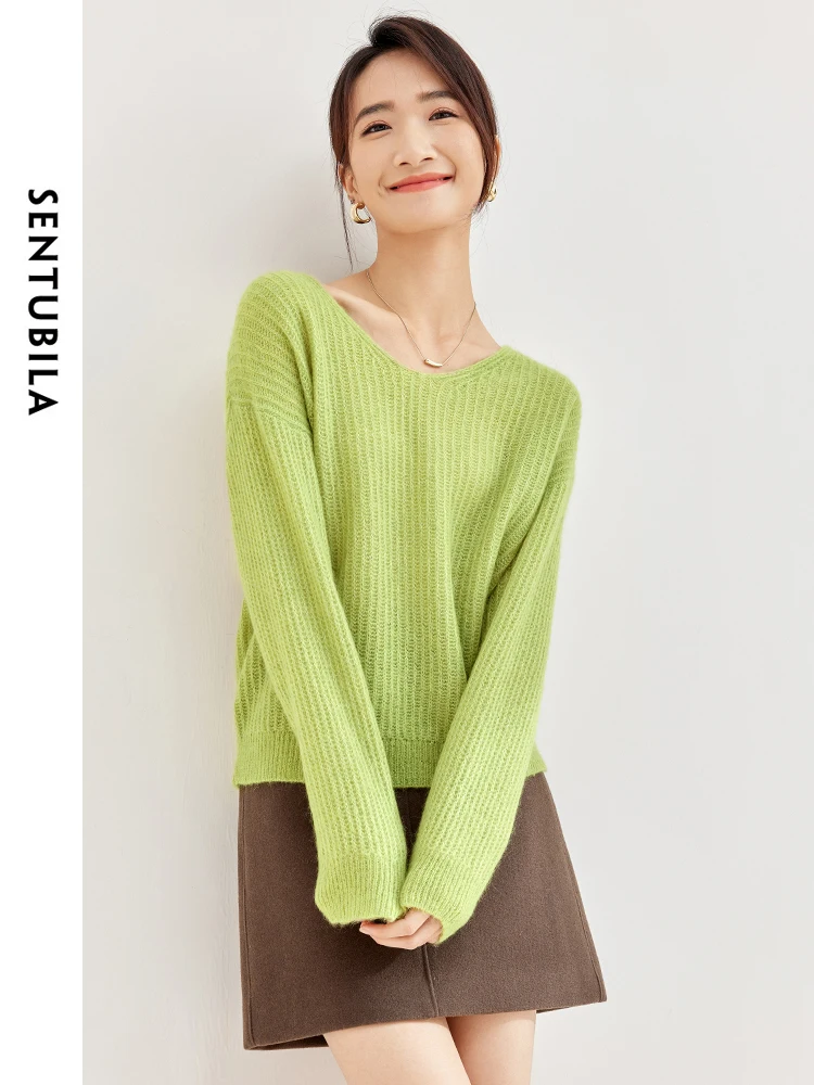 

Sentubila Wool V-neck Knitted Sweater 2024 Spring Elegant Drop Sleeve Loose Knit Pullovers Female Knitwear Jumper W33E51937