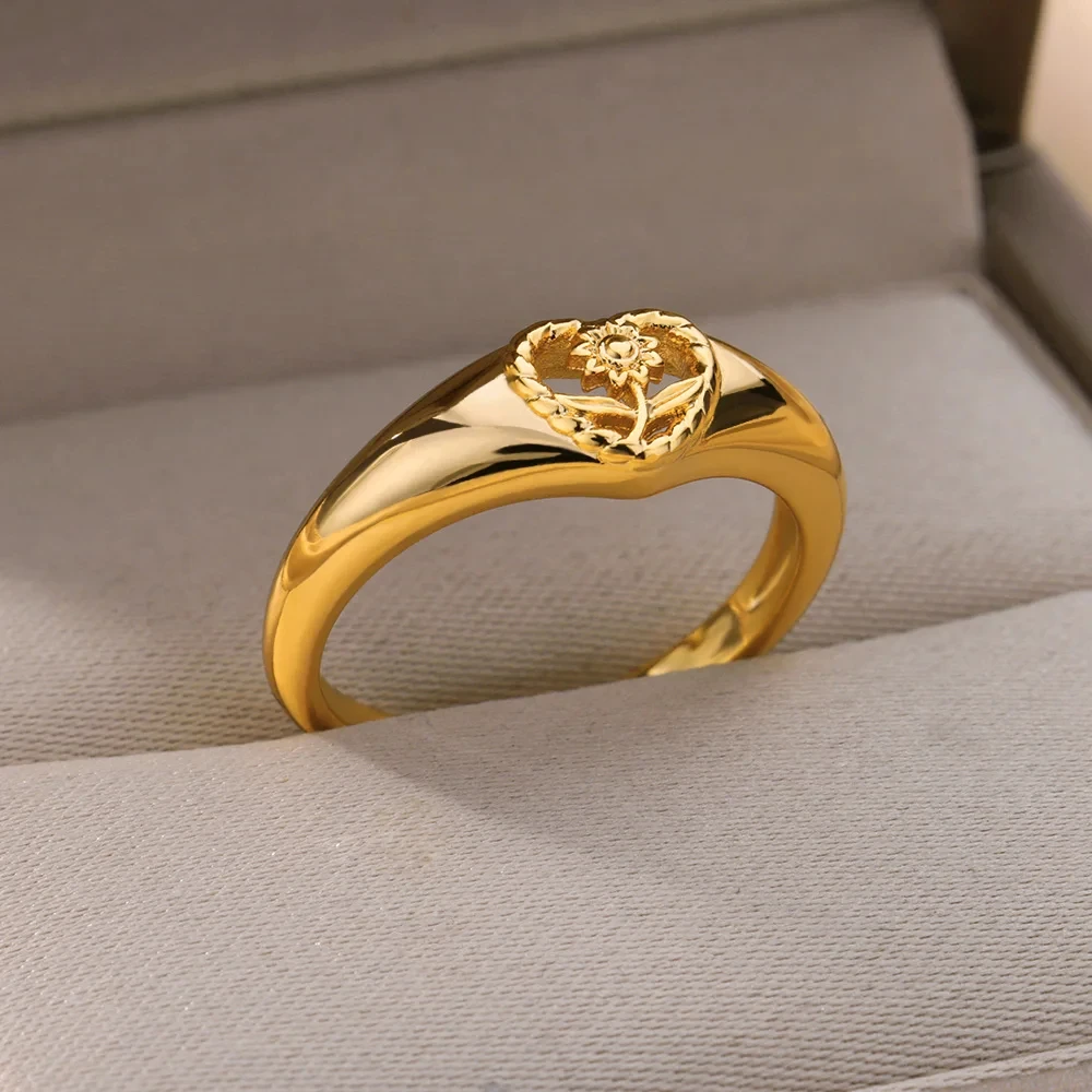 Sunflower Heart Rings For Women Gold Color Stainless Steel Finger Ring