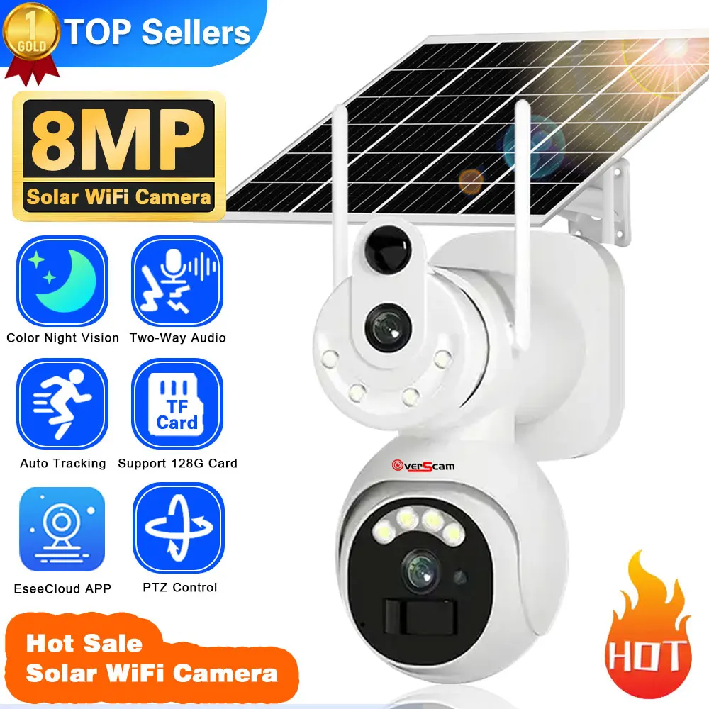 8Mp Uhd Dual Screen Solar Wifi Camera 4K Outdoor Dual Lens Full Color Pir Detection Human Auto Tracking Telecamera Di Sicurezza Solare