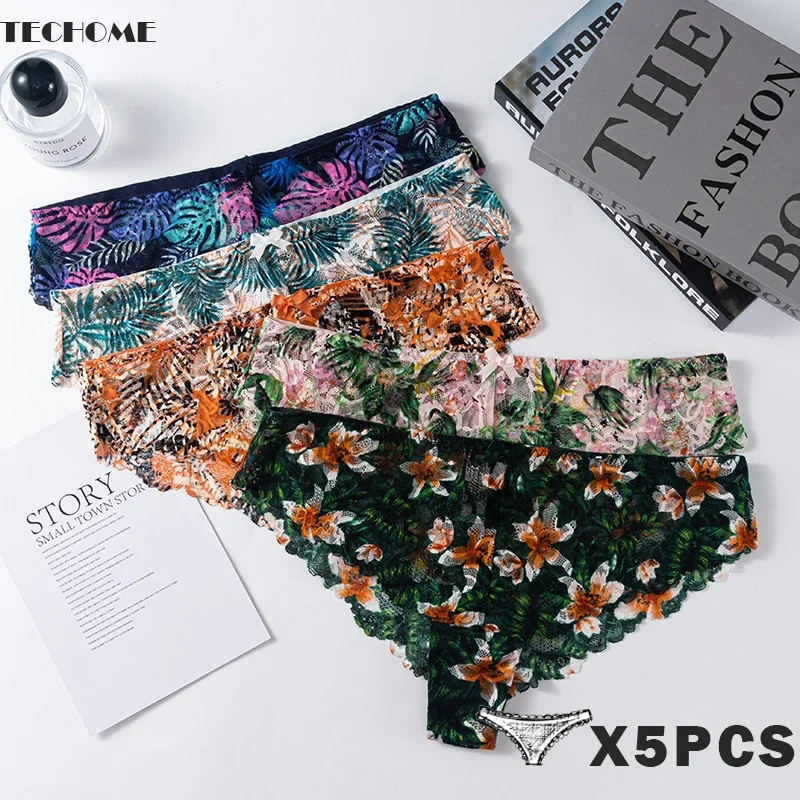 

TECHOME 5PCS Women Printed Low Waist Erotic Thongs Women Sexy Lace Edge T Pants Lightweight Breathable Invisible Panties