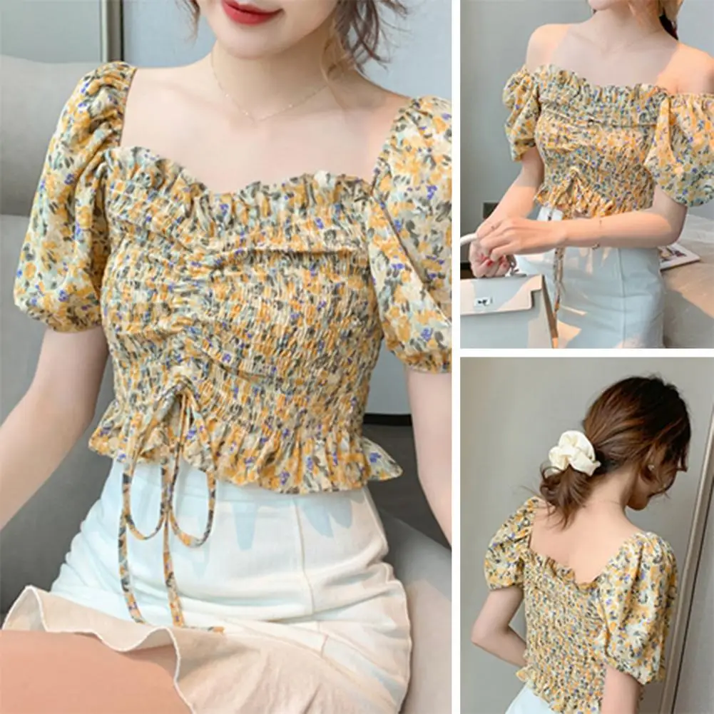 

Summer Blouse Square Neck Elastic Bust Match Pants Vintage Lady Crop Top Women Clothes