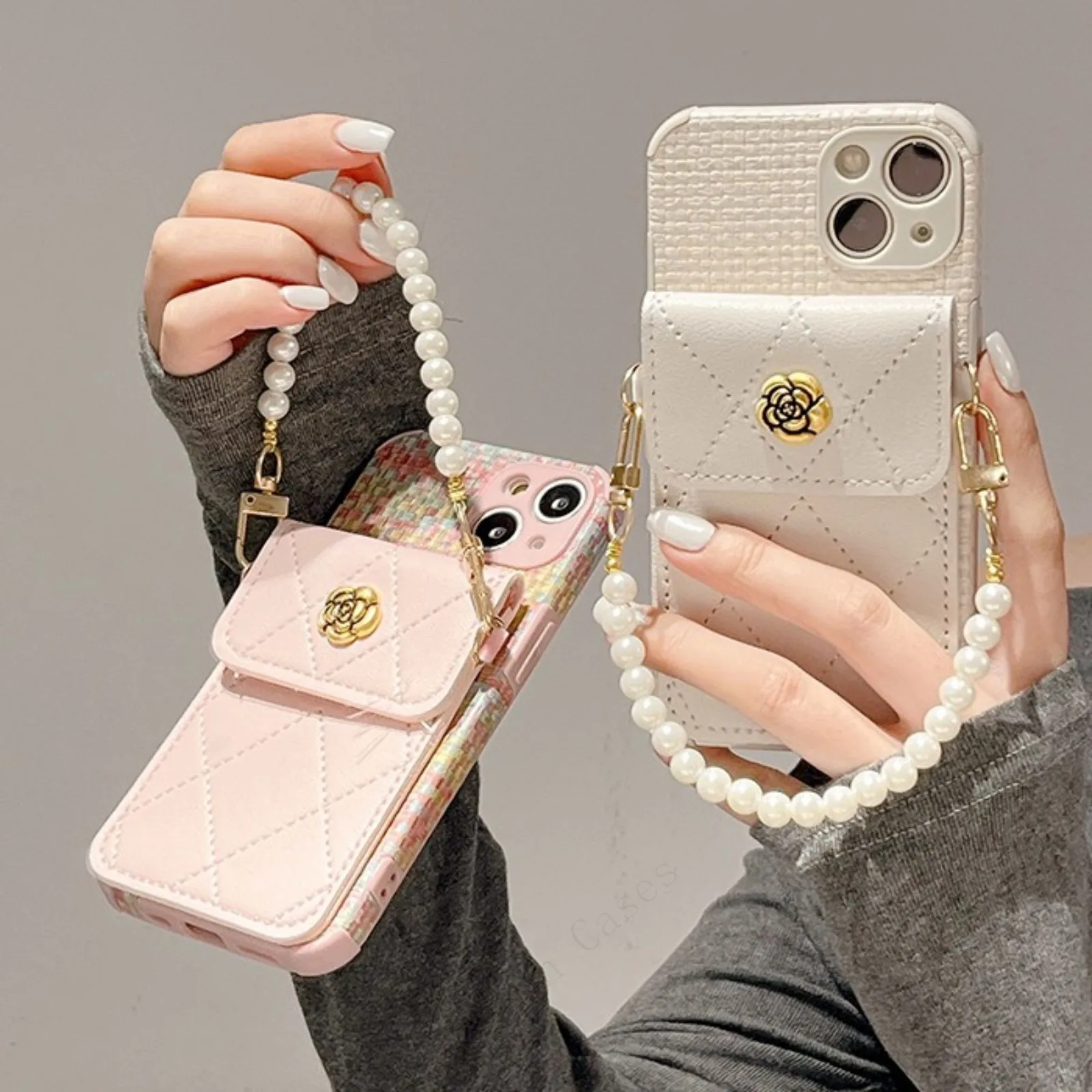 Camellia Brieftasche Halter Duftenden Wind Weben Muster Perle Kette Riemen Telefon Fall Für iPhone 16 15 14 13 12 11 Pro Max XS XR Geschenk_voghion.com