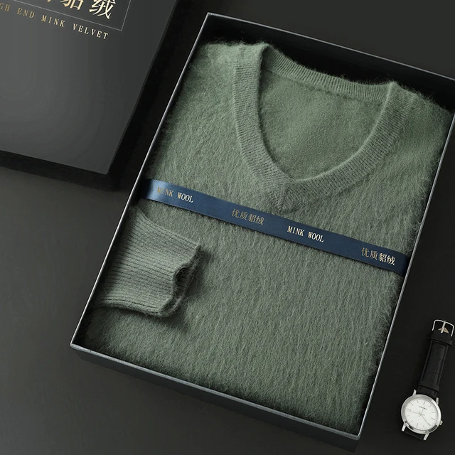 Pulls en cachemire de vison pour hommes, pulls en tricot décontractés, col en V solide, manches longues, pull chaud, grande taille, automne, hiver, 100% 4