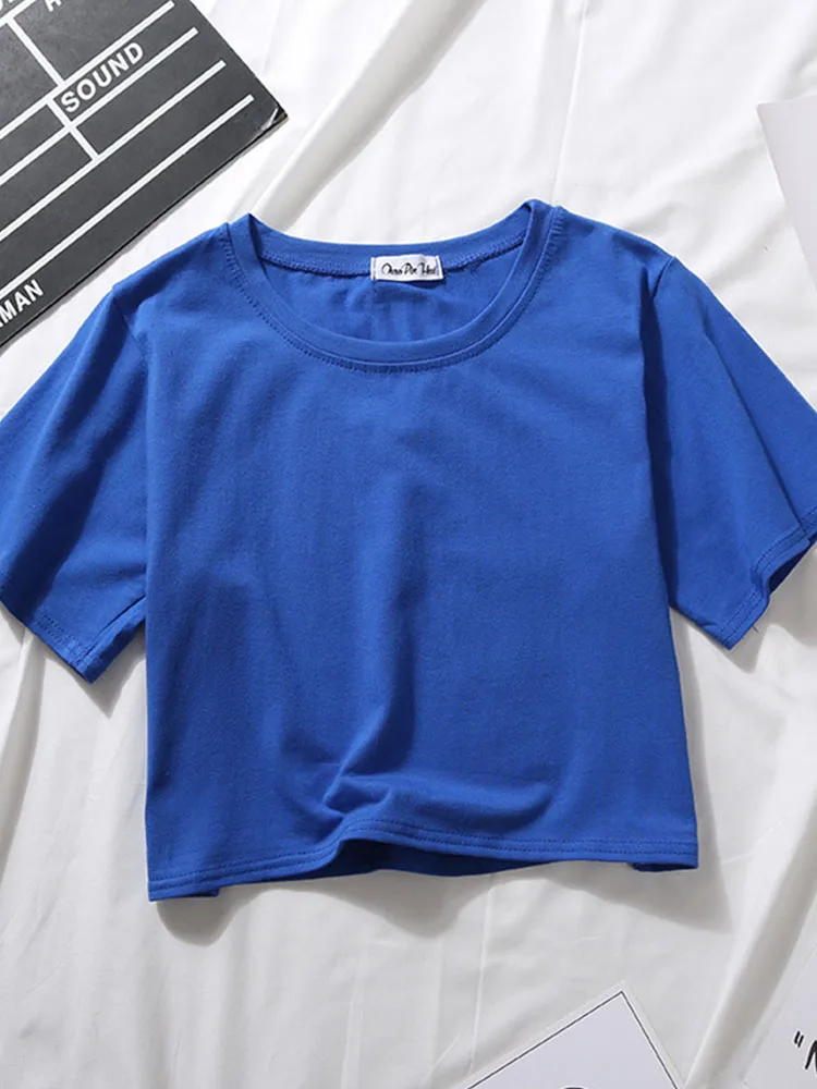 2023 Summer Short Sleeve T Shirts Women Cotton Solid T-shirt O Neck High Waist Crop Top Tee Female Casual Loose T Shirt 2
