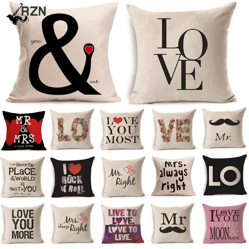 

45*45 cm Cotton Linen Cushion Cover Love Mr Mrs Letter Throw Pillow Home Decor Wedding Decoration Decorative Pillowcase