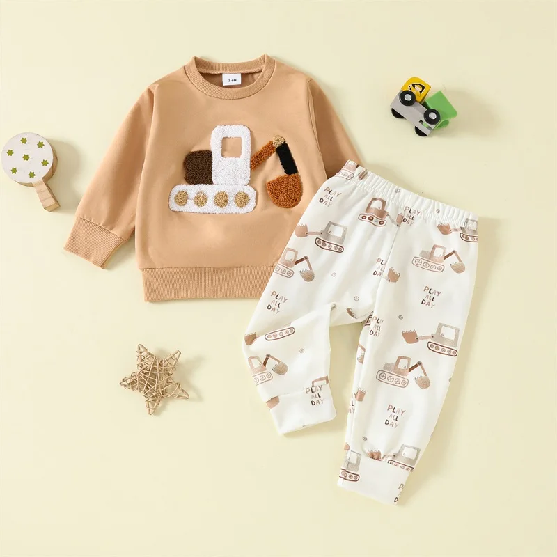 -08-29 Lioraitiin Toddler Baby Boy Outfit Car Embroidery Long Sleeve Pullover Sweatshirt Elastic Waist Pants 2 Piece Set