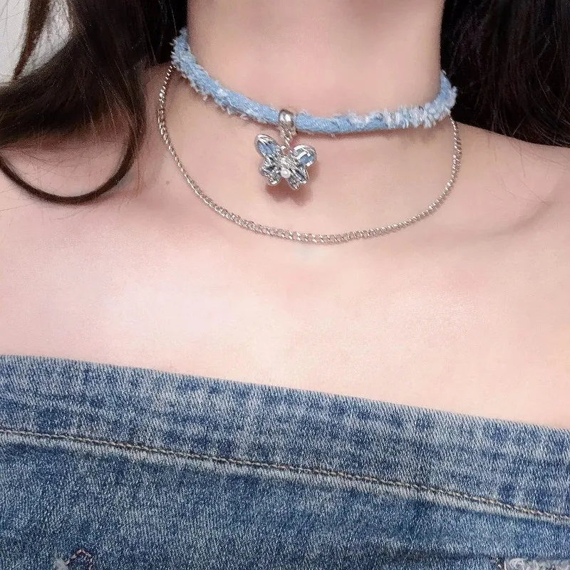 Vintage Denim Blue Cross Flower Bow Double Layered Pendant Necklace Women Chic Cowboy Clavicle Chain Party Jewelry