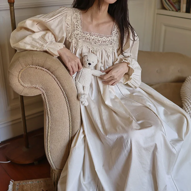 ثوب نوم كلاسيكي أوروبي كلاسيكي على طراز الأميرة الجنية ثوب نوم من الدانتيل برقبة مربعة للفتيات طراز طويل للنساء 100% قطن