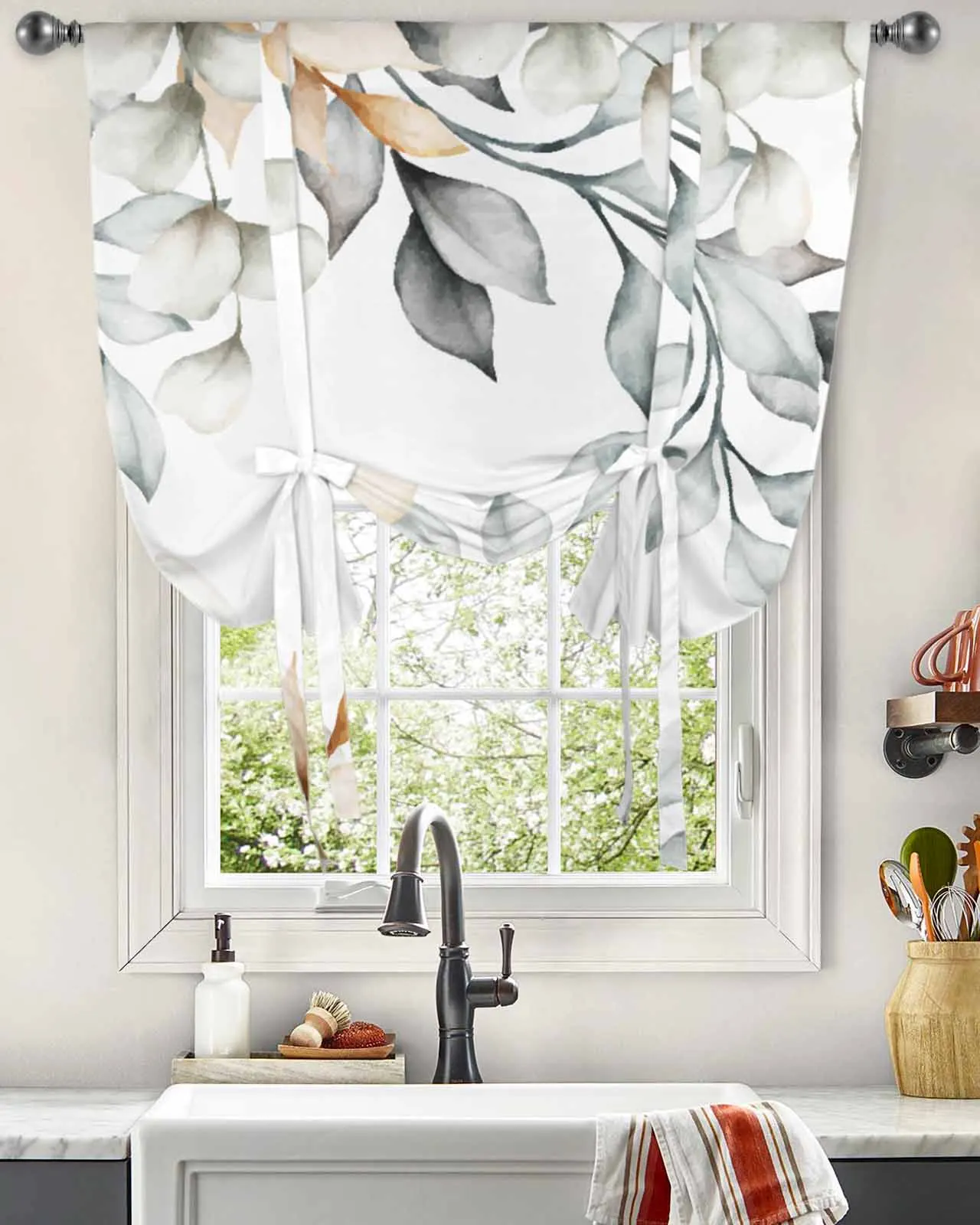 

Summer Plants Leaves Watercolor Window Curtain for Living Room Adjustable Curtains for Kitchen Cafe Tie Up Short Drapes