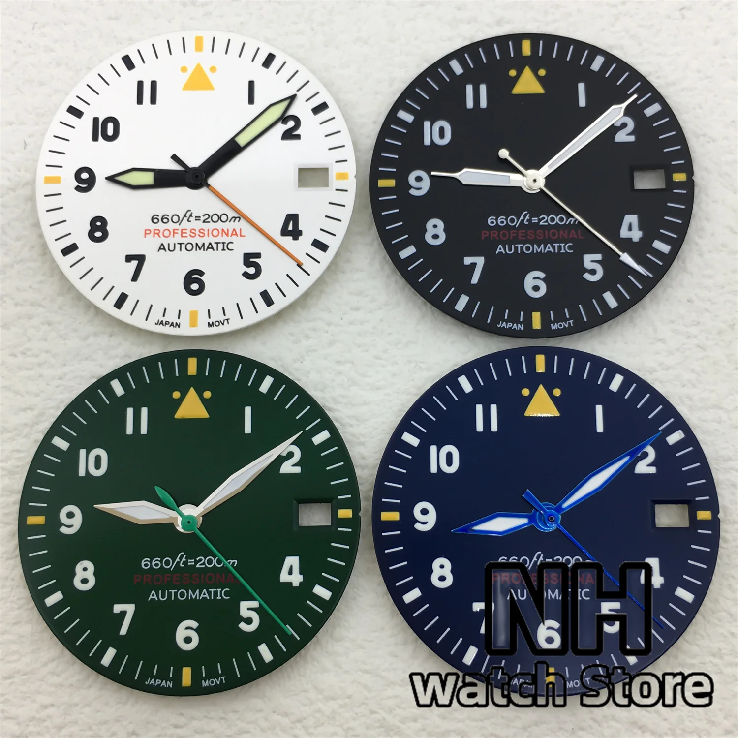 Pilot Watch Dial with Luminous Hands - Black, White, Blue, Green Options, 29mm