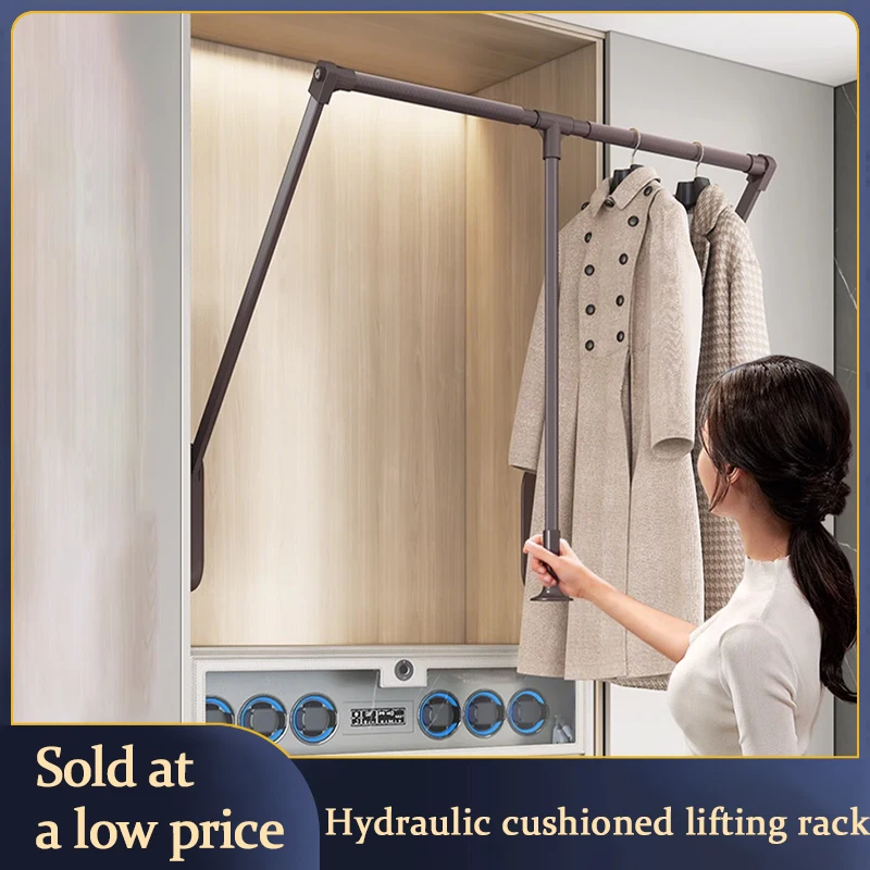 Dual Cushioned Telescopic Pull-Down Lift Clothes Rod Space-Saving Hardware For Wardrobe Tall Cabinets Home Storage