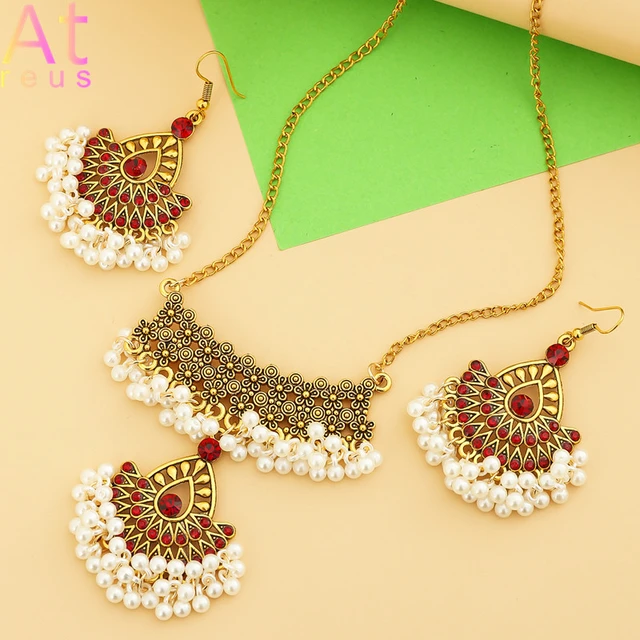 Red Peacock Tail Style Jewelry Set For Women Ethnic Sector Imitation Pearl  Tassel Earrings Bib Vintage Carve Flower Necklace - AliExpress