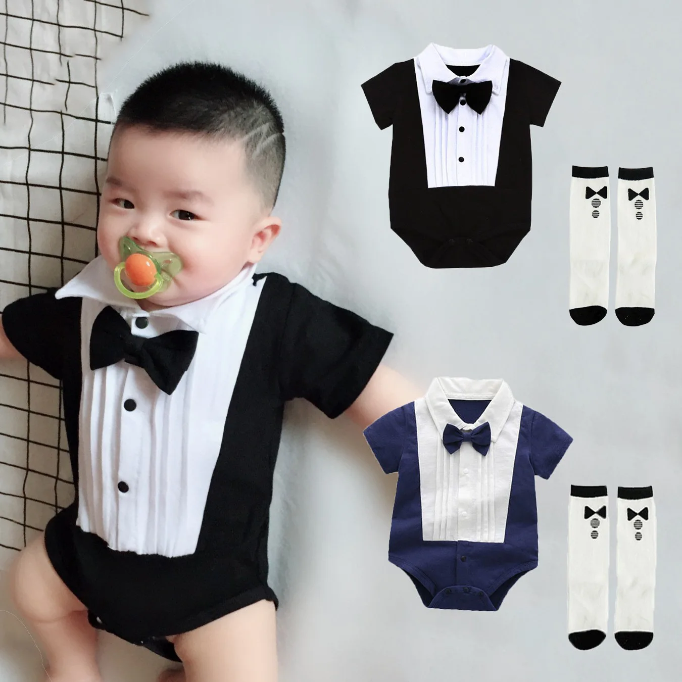 

New summer 0-2 years old baby gentleman cotton high quality fabric clothing crawl suit baby clothing onesie + socks