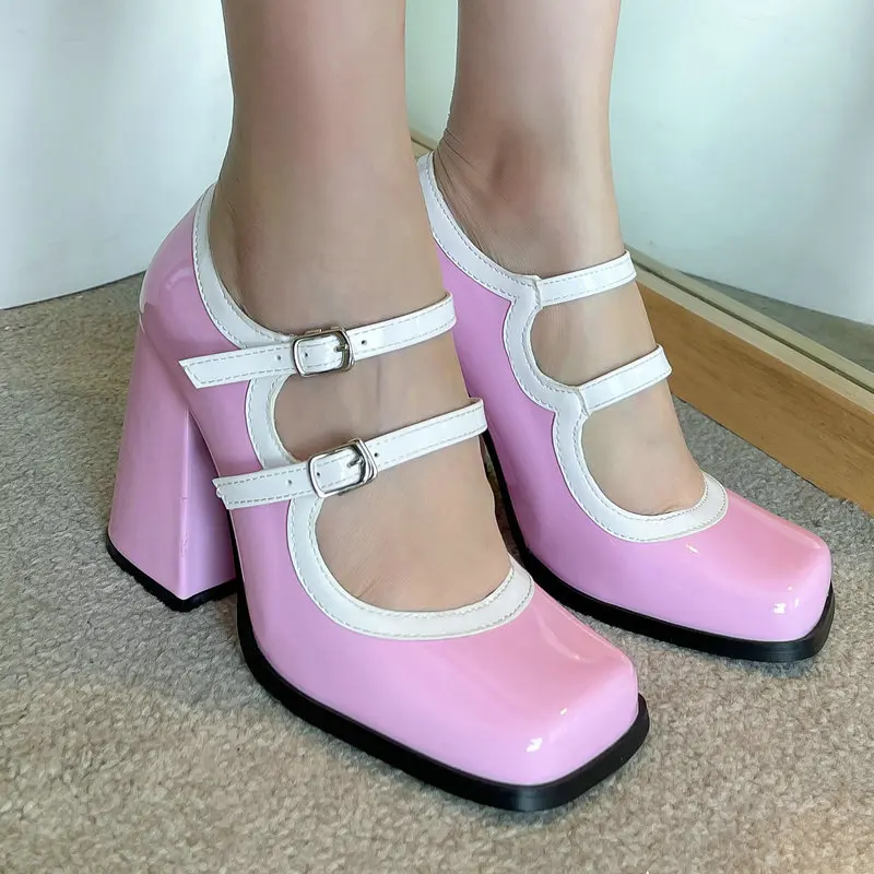 

PU Patent Leather Contrast Color Double Buckle Strap Mature Ladies Pumps Dress Office Mary Janes Shoes Women Chunky High Heels