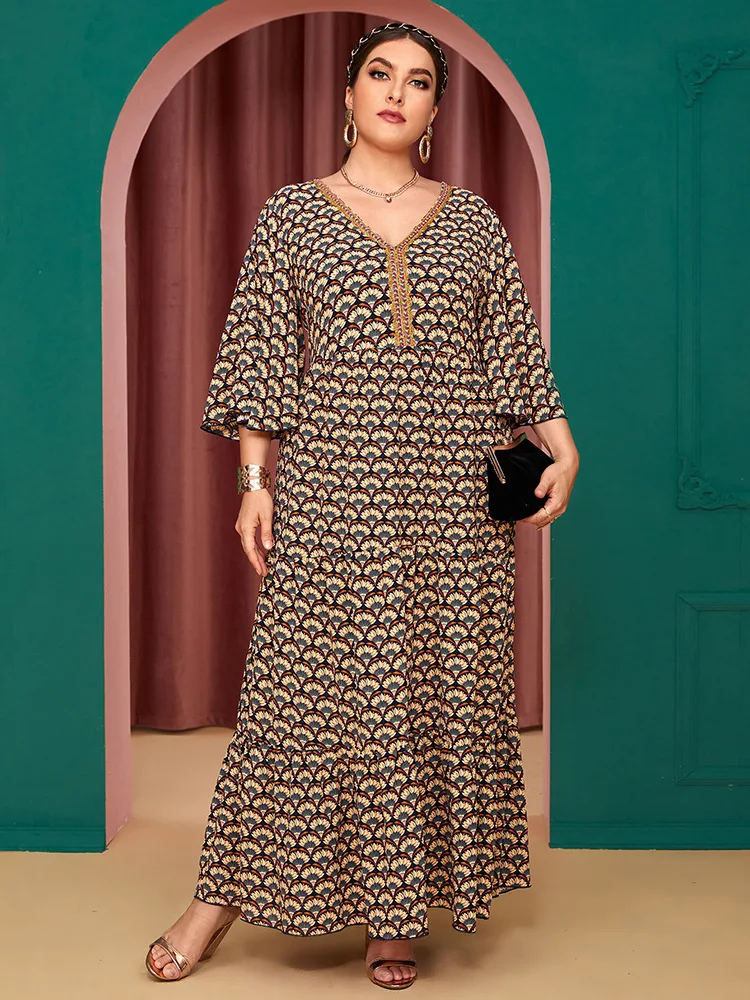 2022 Women Plus Size Maxi Dress Elegant Parti Female Evening Casual Muslim Clothing Middle Sleeve Floral Print