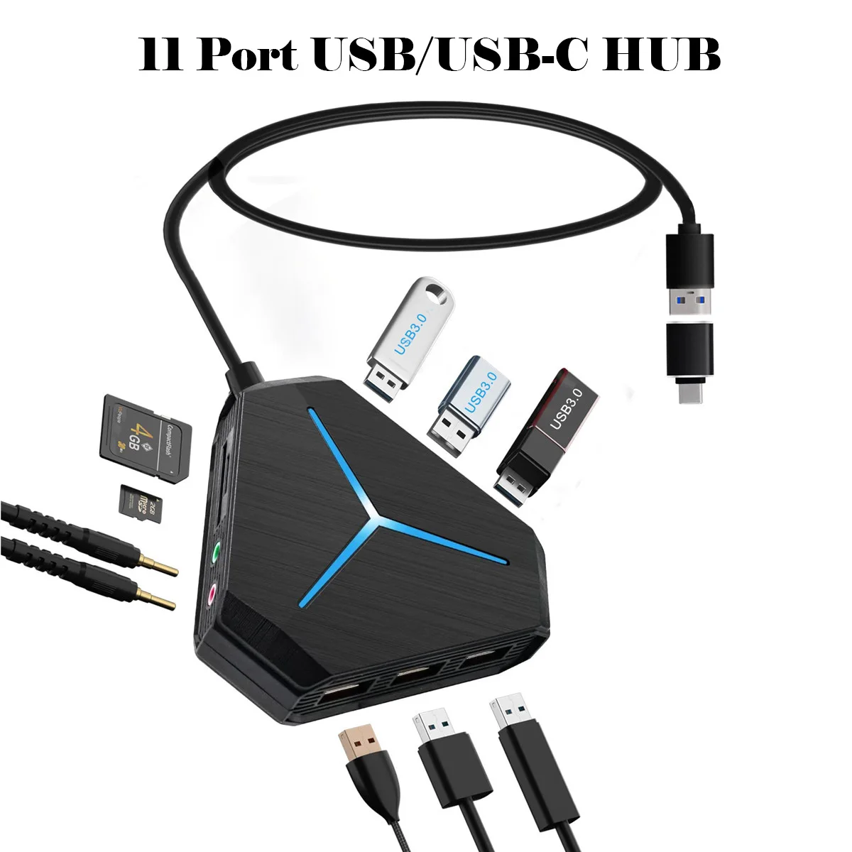 

USB Hub with 11 High Speed Ports TF/SD Card Reader USB 3.0 Headphone/Microphone Interface for Laptop PC Computer Accessories